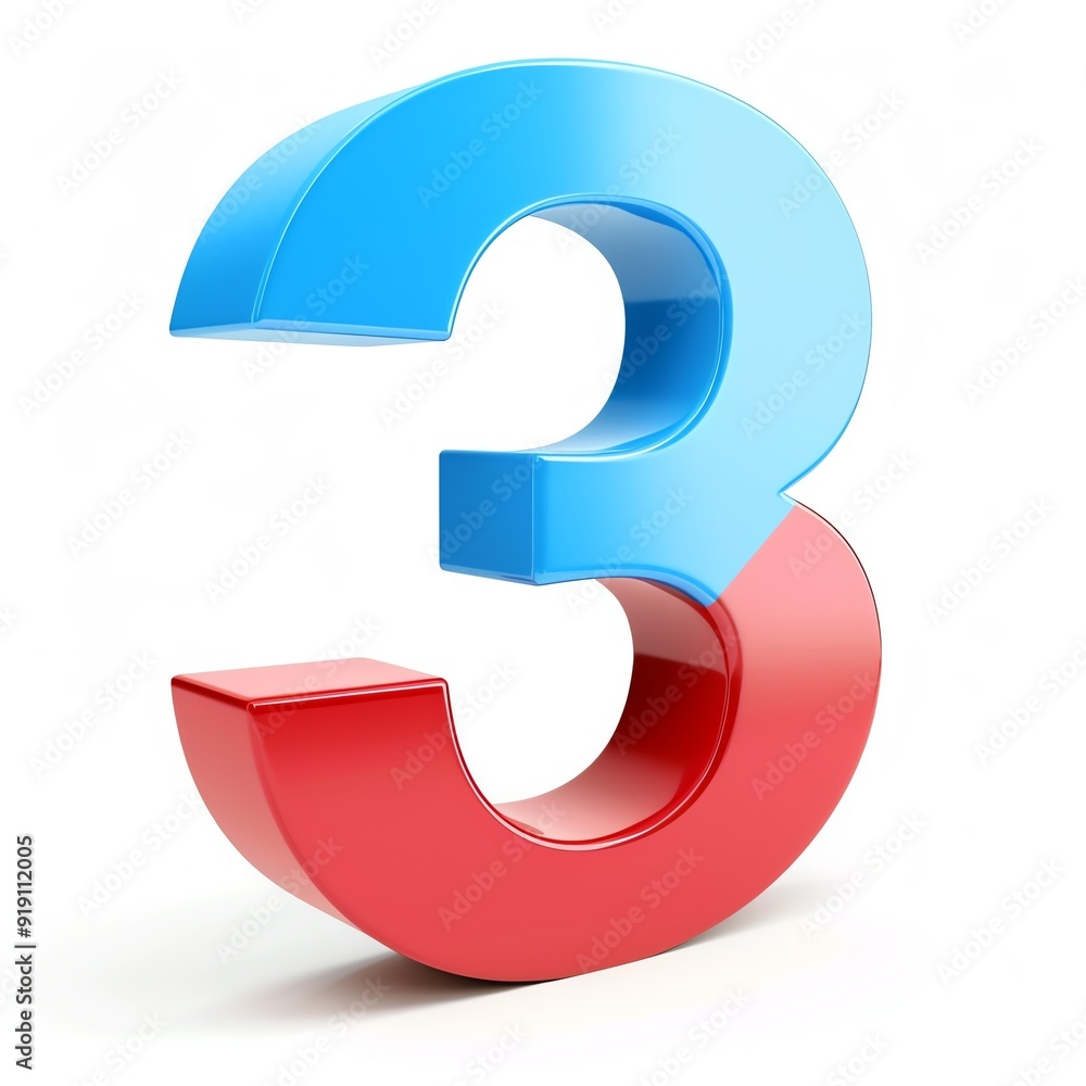 3D rendering of the number 3 in red and blue colors. Perfect for educational, numerical, or design-related purposes. 3D rendering of the number 3 in red and blue colors. Perfect for educational, numerical, or design-related purposes.
