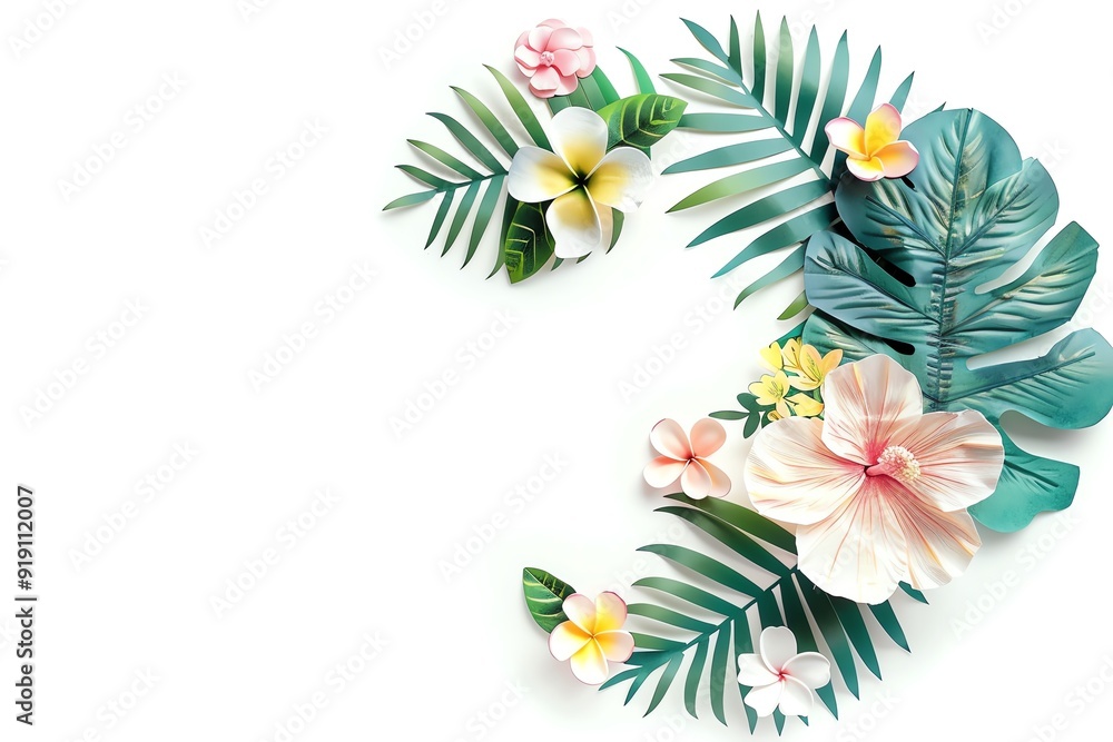 A beautiful arrangement of tropical flowers and leaves with a white background, providing a fresh and vibrant design element for various projects. A beautiful arrangement of tropical flowers and leaves with a white background, providing a fresh and vibrant design element for various projects.