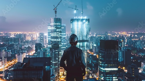 Engineer overlooking a city skyline with skyscrapers and construction in progress at dusk. Urban development and architecture concept.