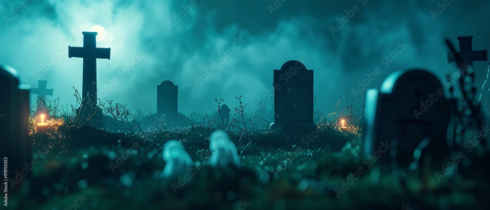 Eerie cemetery scene at night with fog and tombstones, creating a haunting and spooky atmosphere. Eerie cemetery scene at night with fog and tombstones, creating a haunting and spooky atmosphere.