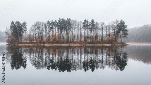 Symmetrical reflections of trees in a serene lake, capturing a peaceful and balanced natural scene.