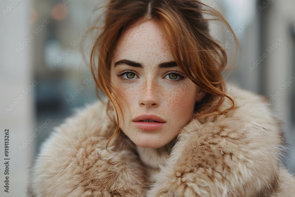 Captivating Portrait of a Freckled Beauty in a Luxurious Fur Coat Captivating Portrait of a Freckled Beauty in a Luxurious Fur Coat