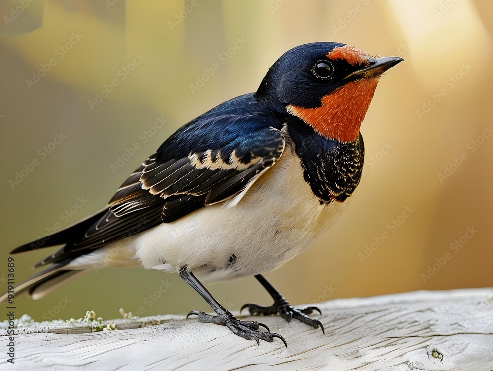 Obraz premium A close-up of a vibrant barn swallow perched on a weathered log in soft morning light
