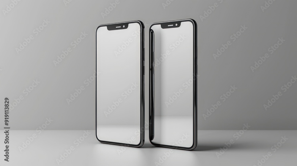 Two black smartphones with white screens are displayed on a beige background. Two black smartphones with white screens are displayed on a beige background.