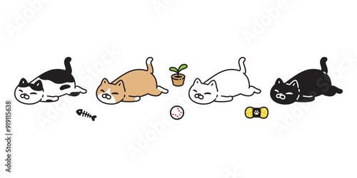 cat vector sleeping kitten calico neko icon pet toy baseball fish bone yarn ball plant pot cartoon character munchkin illustration symbol clip art isolated