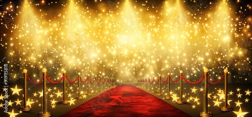 Red carpet with golden lights and stars. Perfect for awards ceremony, premiere, or celebrity event.