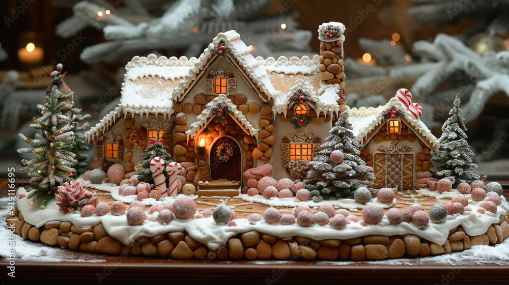 Traditional Christmas gingerbread house with snowfall on garland lights background Traditional Christmas gingerbread house with snowfall on garland lights background