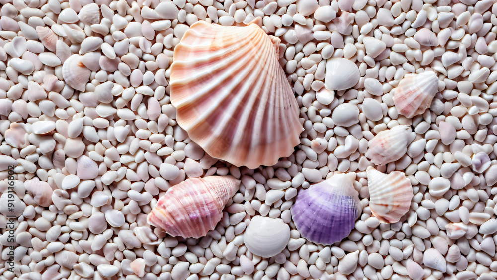 Naturalistic Shot of Spiral Mussels on the Beach: Details of Marine Life with Soft Pink, White, Cream and Brown Shades, Tranquil Landscape. Close-up of Marine Objects on a Sandy Background 