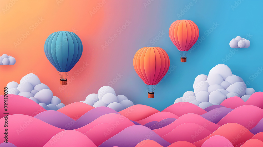 Paper hot air balloons in vibrant colors soar through the blue sky dotted with fluffy clouds in these charming applique 2d illustrations
