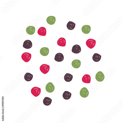 Groups of several peppercorns of different colors green and black pepper, pink Brazilian or Peruvian. Flat doodle vector illustration. Side view.
