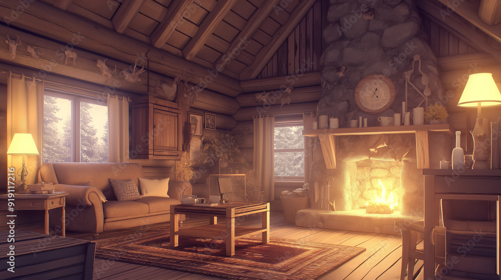A cozy room in a rustic cabin, featuring wooden walls, a stone fireplace, plush seating, and cozy blankets, evoking a sense of warmth and comfort A cozy room in a rustic cabin, featuring wooden walls, a stone fireplace, plush seating, and cozy blankets, evoking a sense of warmth and comfort