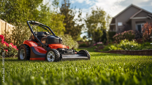 "A lawnmower on a lush green lawn, with half of the grass trimmed, situated in the backyard of a house."