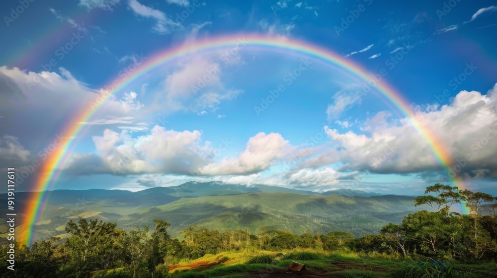 A vibrant rainbow arching across a clear sky over a lush landscape, symbolizing hope, diversity, and the spectrum of success A vibrant rainbow arching across a clear sky over a lush landscape, symbolizing hope, diversity, and the spectrum of success