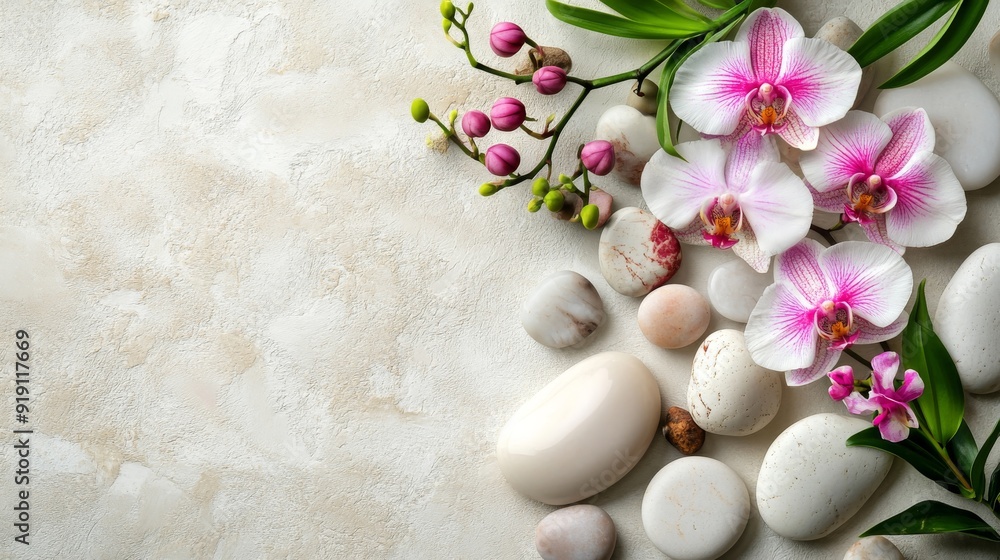 Pink Orchids and Smooth Stones on a Textured Background Pink Orchids and Smooth Stones on a Textured Background