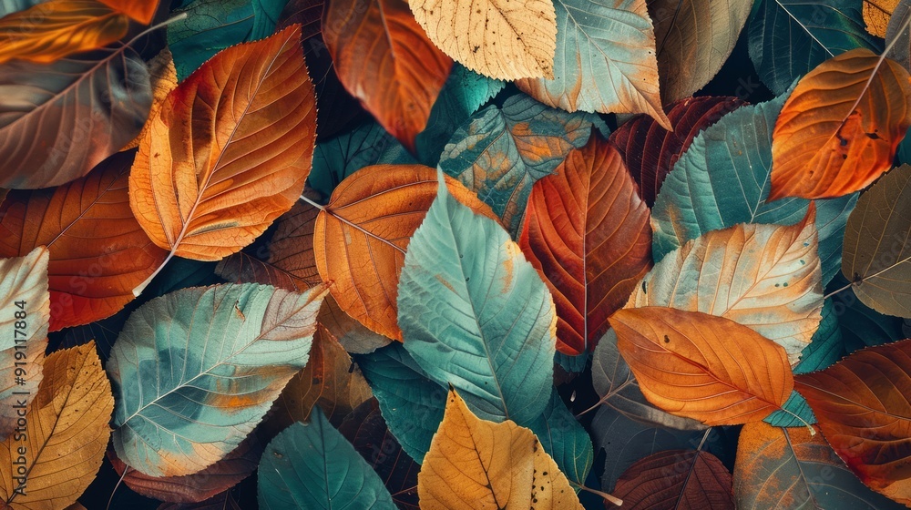 Autumn fall wallpaper. The leaves are depicted in shades of orange, brown, and teal, which are typical autumn colors Autumn fall wallpaper. The leaves are depicted in shades of orange, brown, and teal, which are typical autumn colors