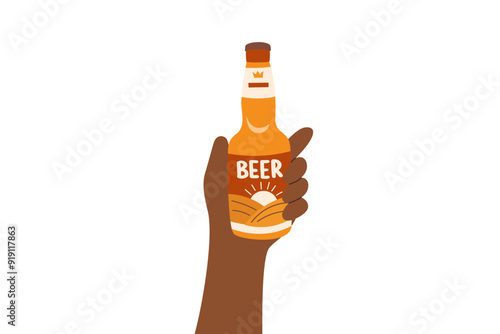 Beer bottle in human hand of black skin tone isolated on white background. Oktoberfest concept. Beer festival concept. Drinks concept.