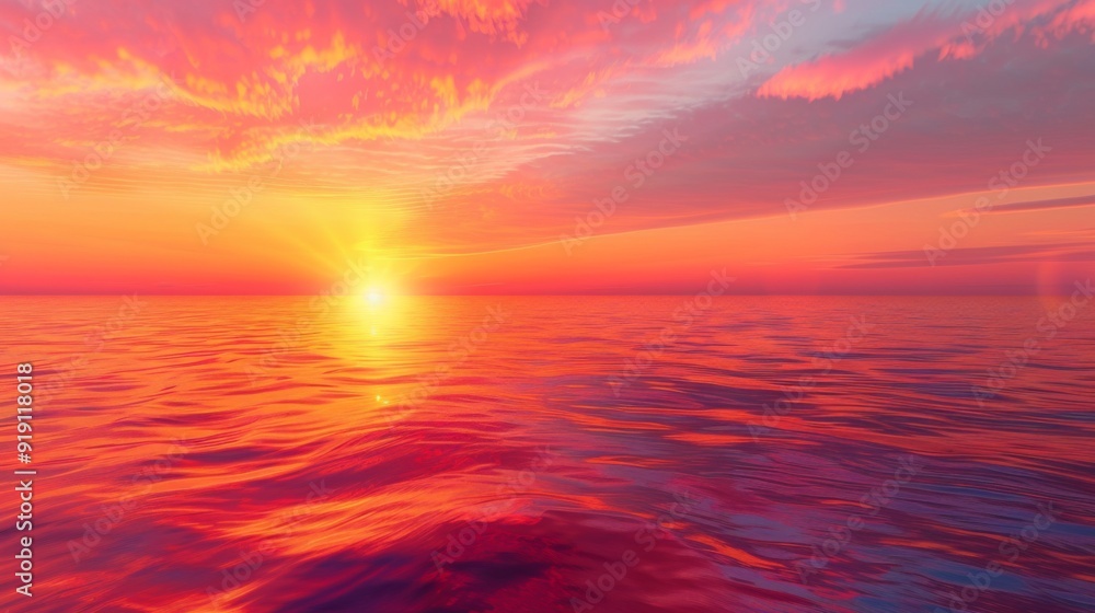 A vibrant sunset over a calm sea, with the sky ablaze in fiery colors and the water reflecting the warm hues A vibrant sunset over a calm sea, with the sky ablaze in fiery colors and the water reflecting the warm hues