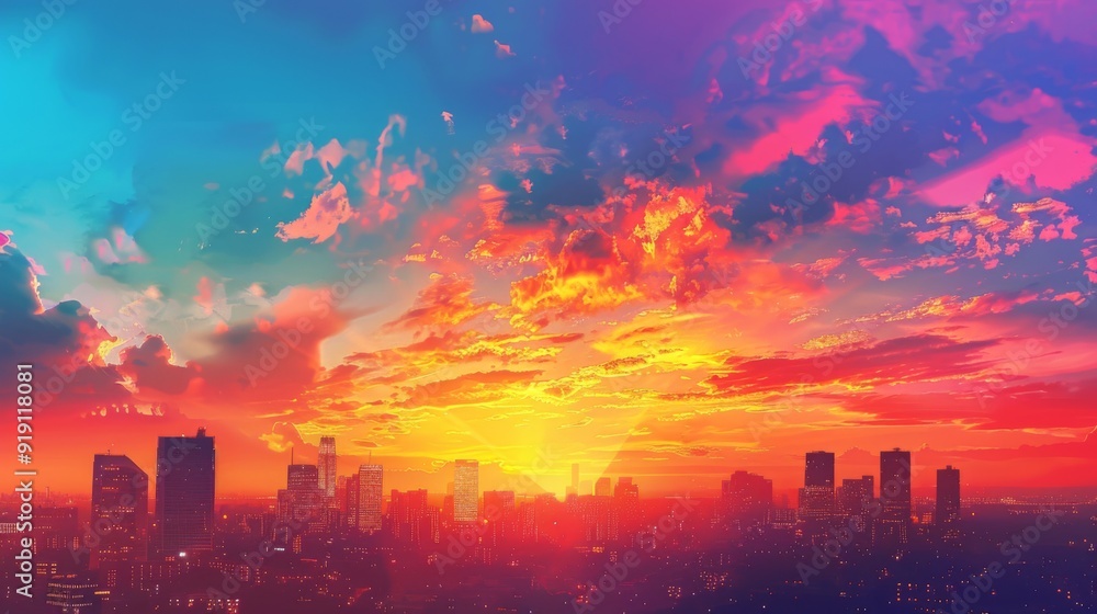 A vibrant sunset over a city skyline, with buildings outlined against a backdrop of brilliant colors A vibrant sunset over a city skyline, with buildings outlined against a backdrop of brilliant colors