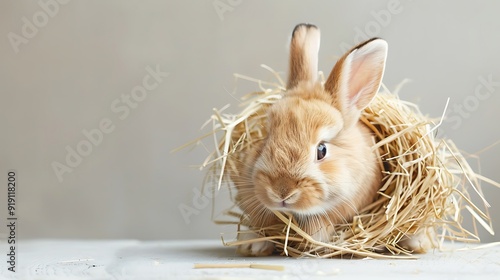 A rabbit sniffing a fresh bundle of hay on a white surface. The natural and calm pose highlights the peta??s contentment and love for fresh food. photo