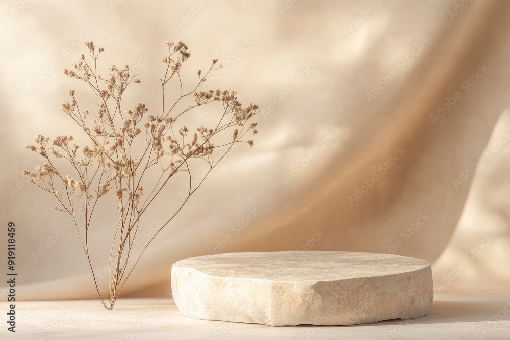 Abstract nature scene Stone podium composition and dry flower on beige brown background for cosmetic, beauty product branding, perfume, skin care and cosmetic backdrop. with generative ai Abstract nature scene Stone podium composition and dry flower on beige brown background for cosmetic, beauty product branding, perfume, skin care and cosmetic backdrop. with generative ai