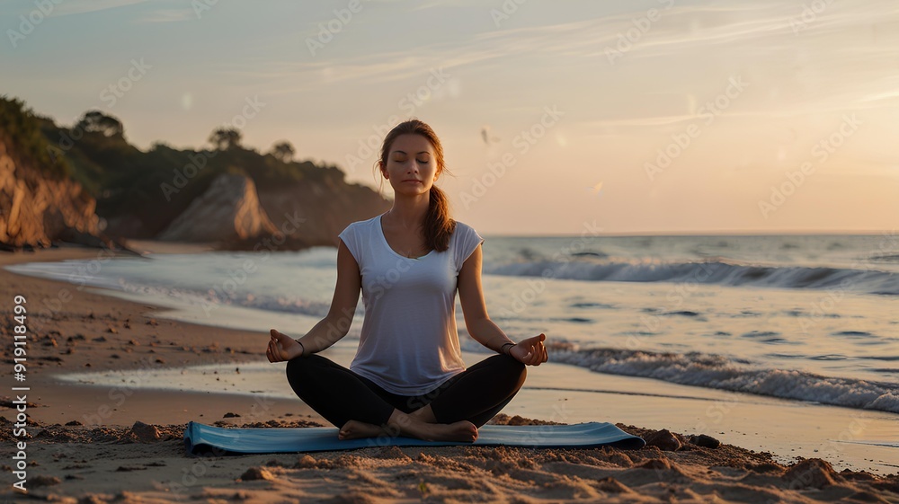 Fototapeta premium meditation and yoga on the beach. concept of doing yoga on summer vacation or vacation by the sea.