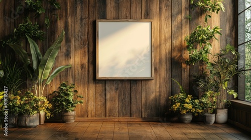 Empty Frame on Rustic Wooden Wall with Potted Plants photo