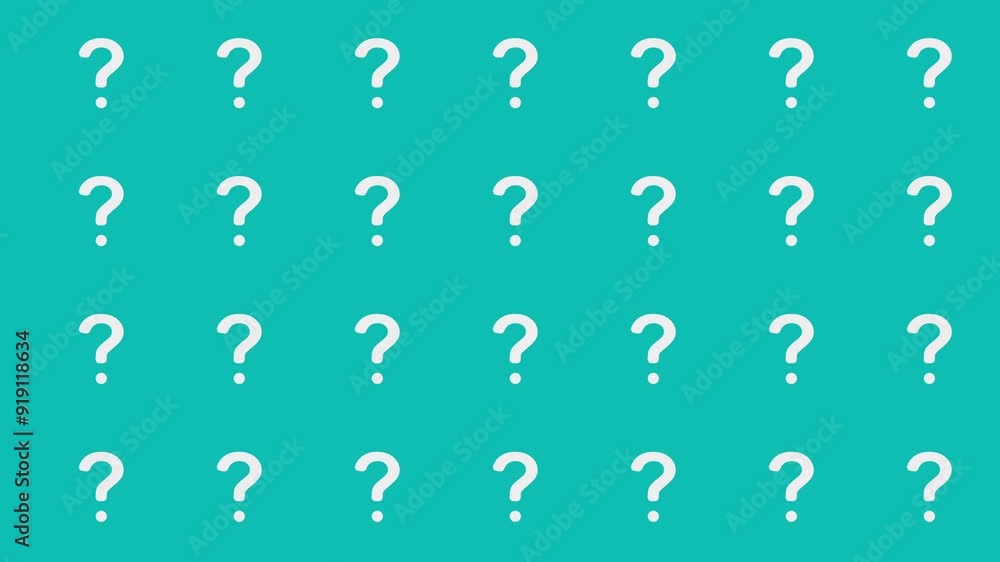 Seamless loop animation of vibrant teal background filled with rows of white question marks, evenly spaced, creating sense of mystery or inquiry, Ideal for use in presentations Seamless loop animation of vibrant teal background filled with rows of white question marks, evenly spaced, creating sense of mystery or inquiry, Ideal for use in presentations