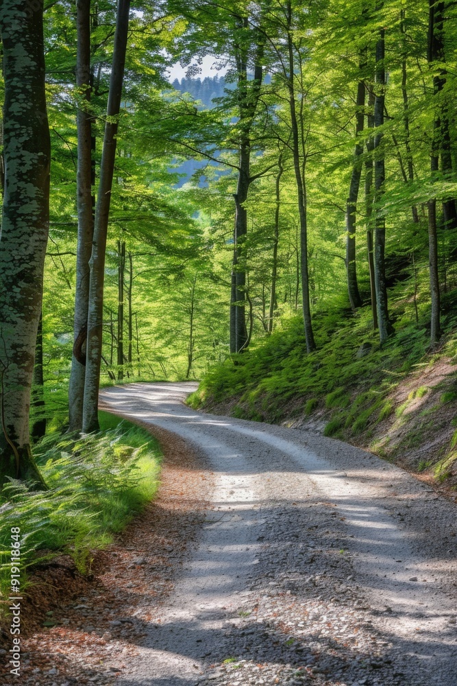 A dirt road surrounded by trees in a dense forest A dirt road surrounded by trees in a dense forest