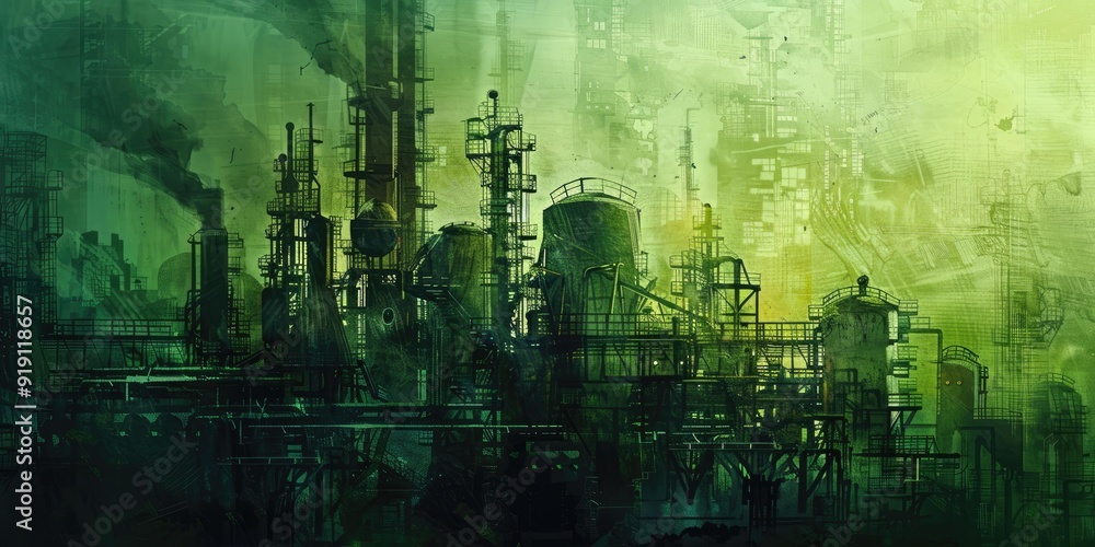 Fototapeta premium Silhouetted industrial complex against green sky.