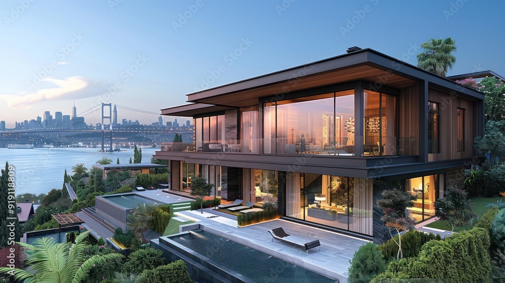 Fototapeta premium Modern Villa with a Swimming Pool and a City Skyline View