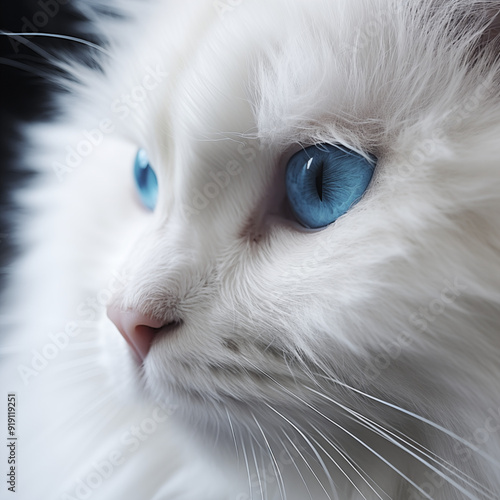 Fluffy white cat with blue eyes. Close up portrait. Domestic pet. Photo generated by AI technology. photo