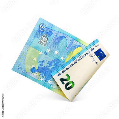 Obraz na plátně Blue folded flying twenty euro banknote isolated