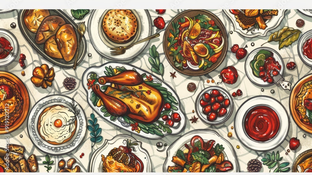 Artistic seamless pattern of traditional dishes. Artistic seamless pattern of traditional dishes.