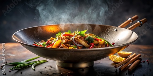 Close-up cinematic shot of a Chinese wok on a bright dove grey background, illuminated by vivid ring lighting, showcasing intricate details with professional photography.