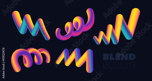 Set of abstract fluid curve in different shape. Gradient blend line. Creative design elements for cover, mockup, banner, poster and background. Vector illustration.