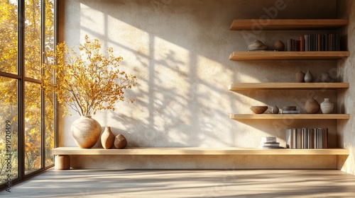 Minimalist Interior Design with Wooden Shelves and Autumnal Accents