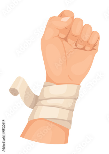 Hands injured skin and procedures of bandaging. First aid for wound. Medicine cure or treatment. First emergency help for human hand trauma