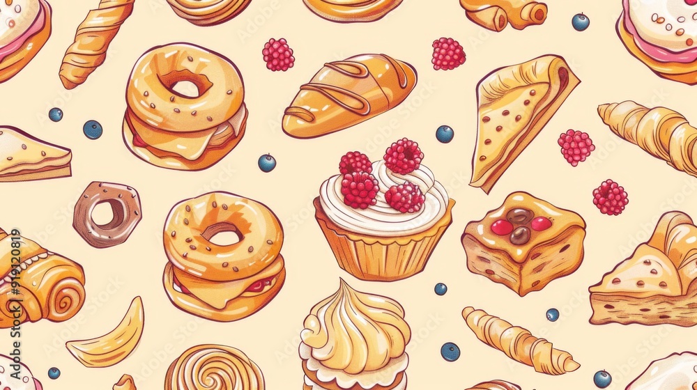 Cheerful seamless pattern of baked goods. Cheerful seamless pattern of baked goods.
