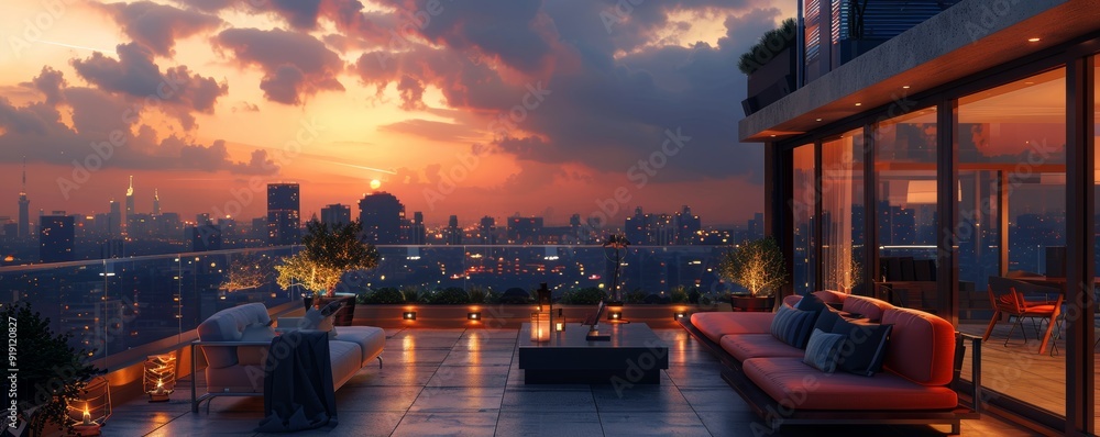 Naklejka premium Stunning sunset view from a modern balcony overlooking a vibrant city skyline, creating a serene and luxurious atmosphere.
