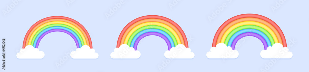 PrintCollection of rainbows with clouds. Cartoon 3d style rainbows in different shape and size isolated on blue background. Rainbow in arch shape as effect after rain. Vector illustration. PrintCollection of rainbows with clouds. Cartoon 3d style rainbows in different shape and size isolated on blue background. Rainbow in arch shape as effect after rain. Vector illustration.