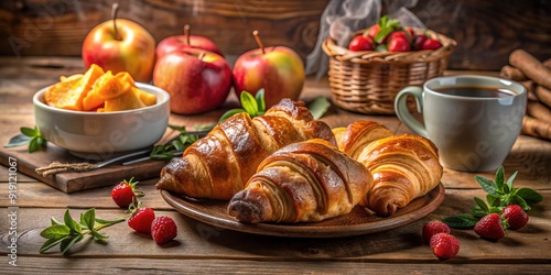 Freshly baked golden-brown croissants arranged artfully on a rustic wooden table surrounded by vibrant fresh fruits and steaming hot coffee in a cozy morning setting. photo