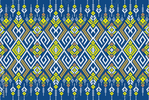 Fabric pixel abstract geometric pattern Thai stye design for clothing, fabric, background, wallpaper, wrapping, batik. Knitwear, Embroidery style. Aztec geometric art ornament print.