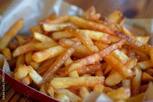 Close-Up of Crispy French Fries in a Red Tray