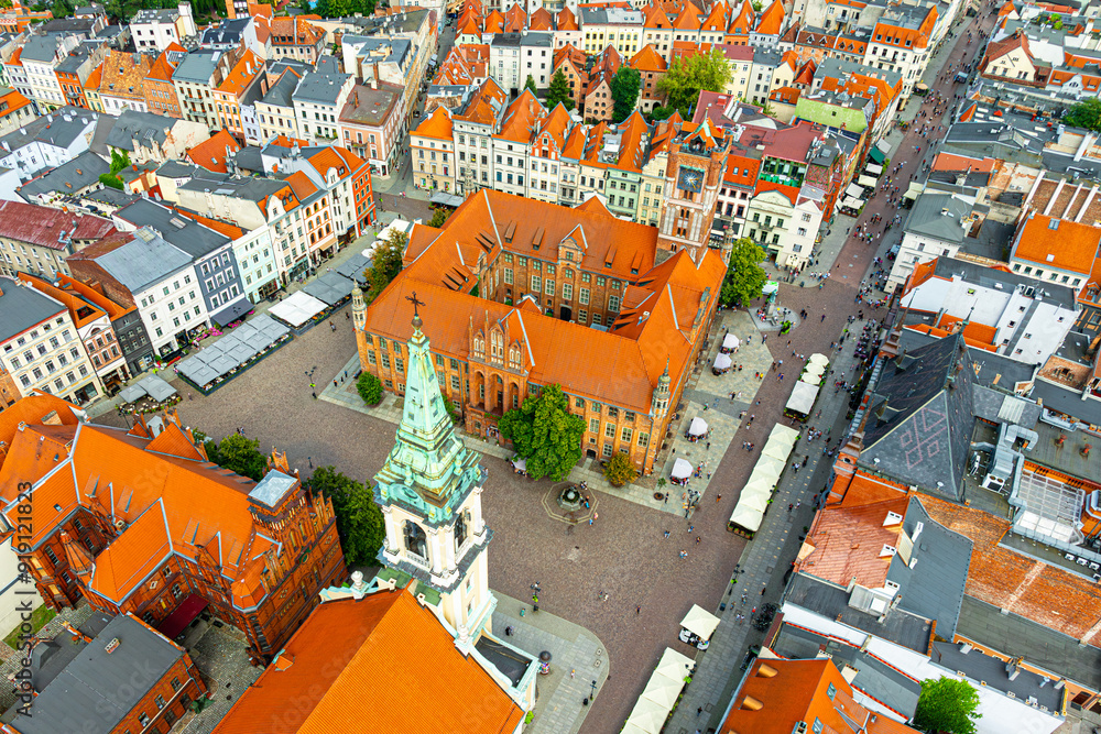 Aerial panoramic view of historical buildings and roofs in Polish medieval town Torun