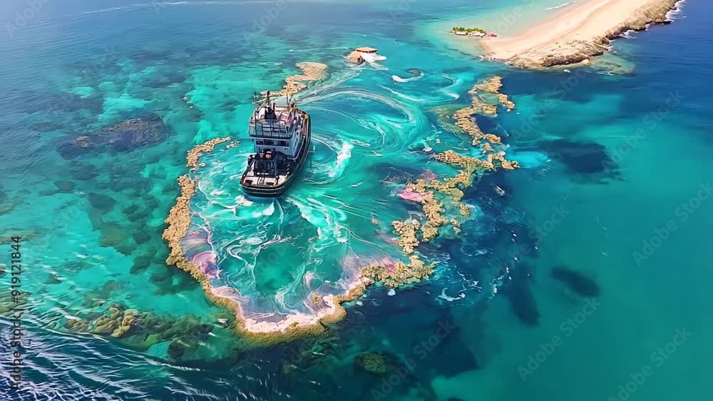 Aerial view of an oil spill around a ship in the ocean, Concept: environmental disaster and pollution Aerial view of an oil spill around a ship in the ocean, Concept: environmental disaster and pollution