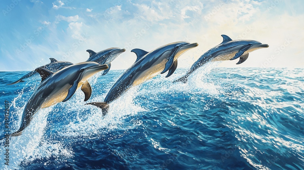 Fototapeta premium Dolphins Leap Out of the Ocean in Playful Display