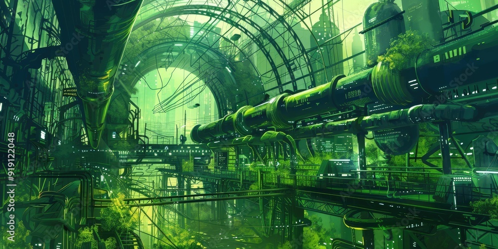 A futuristic cityscape overgrown with greenery. A futuristic cityscape overgrown with greenery.