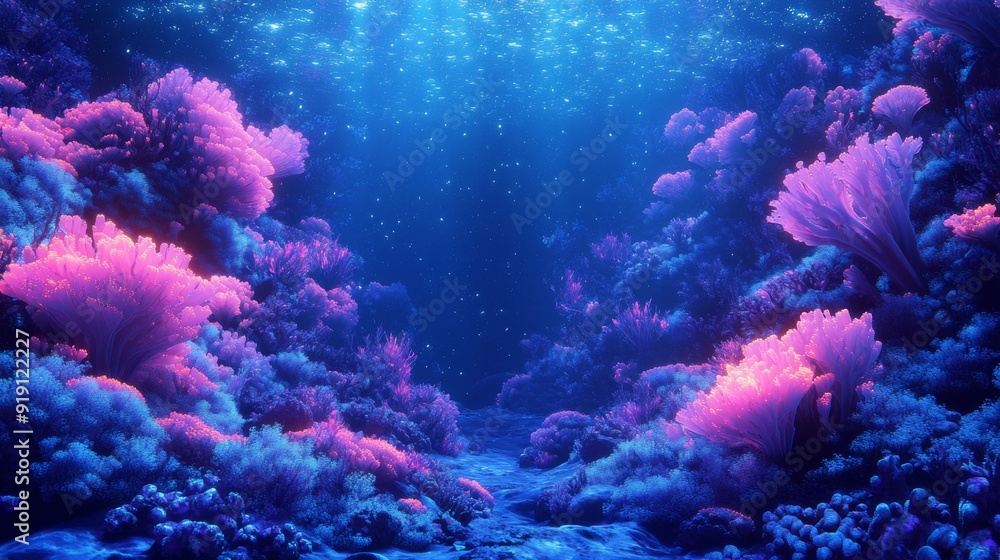 Fototapeta premium Underwater Scene with Bioluminescent Coral and Blue Water