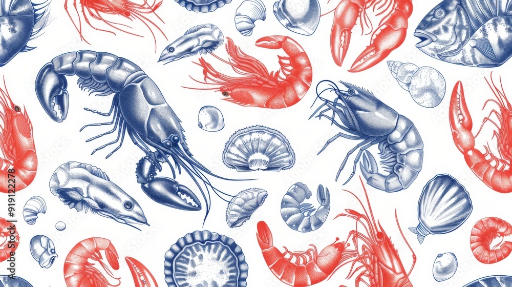 Fototapeta premium Delicate seamless pattern of assorted seafood.