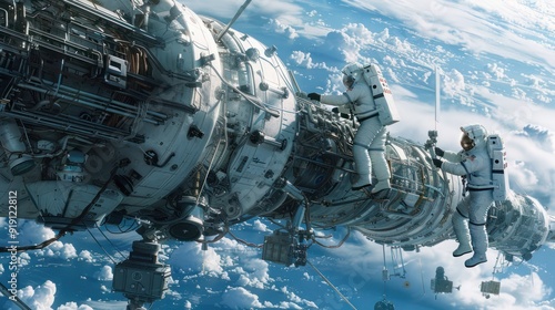 Two Astronauts Working on a Space Station in Orbit Around Earth